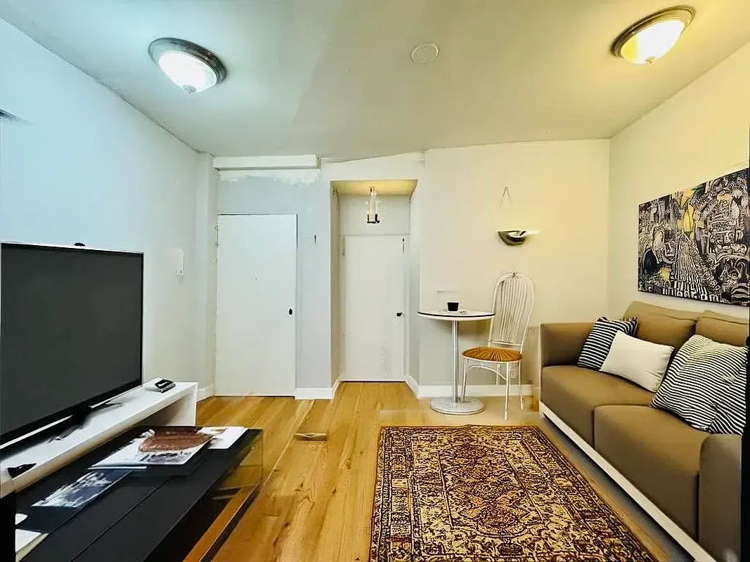 One bedroom at 520 East 6th Street, living room with sofa and TV