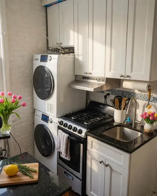 Two bedroom at 13 Saint Marks Place, kitchen with stacked washer and dryer